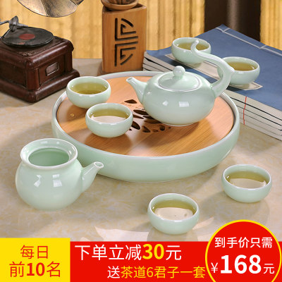 洛威 景德镇陶瓷功夫茶具套装组合家用小简约圆形创意茶盘茶壶6人整套 9件套