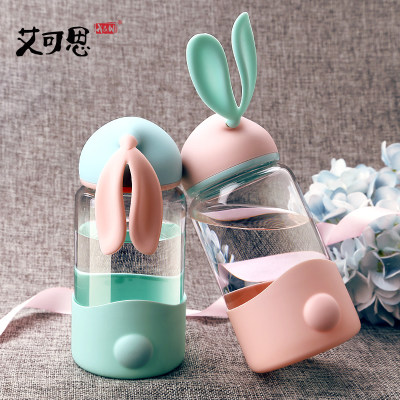 X&W艾可思 兔子玻璃杯女可爱韩国韩版便携清新创意潮流学生超萌水杯随手杯子 300ml